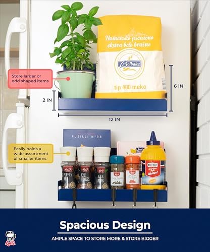 2-Pack Magnetic Spice Rack Refrigerator Shelves – Heavy-Duty 20-LB Capacity Kitchen Magnet Shelf For Side Of Fridges – Handy Laundry Washer & Dryer Storage – Garage Tool Shelf Organizer