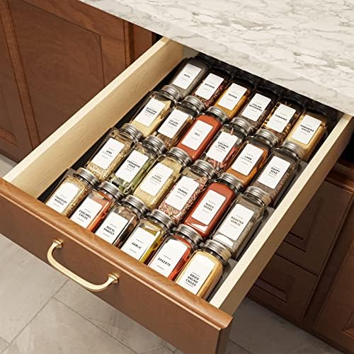 Spice Drawer Organizer with 24 Spice Jars, 378 White Minimalist Spice Labels, 4 Tier Seasoning Rack Tray Insert for Kitchen Drawers, 11.25" Wide x 17.5" Deep