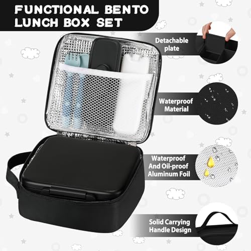 Bento Lunch Box with 8oz Soup Thermo and Insulated Lunch Bag, Kids Leakproof Lunch Food Containers with 5 Compartment, Boys Girls Thermo Hot Food Jar for Travel, School, BPA Free (Black)