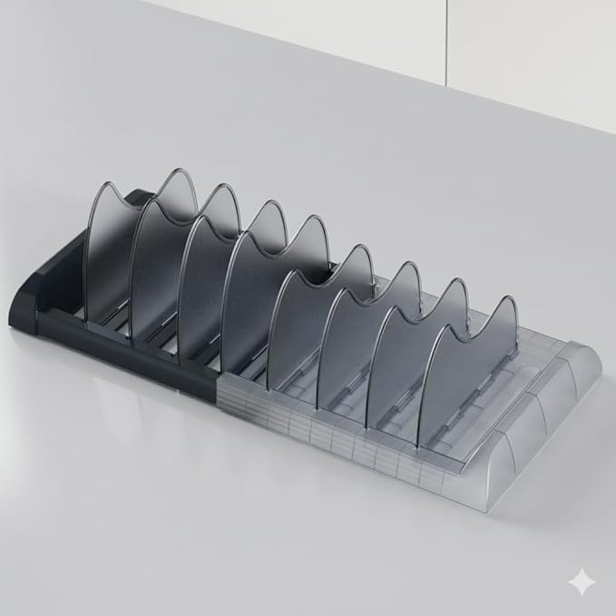 OMIO Pot Lid Organizer for Cabinet, A-560 Heavy Duty ABS Pan Rack Adjustable 9.8-22.8 inch with 8 Removable Dividers, Under Sink Storage for Cookware, Cutting Board, Dark Gray