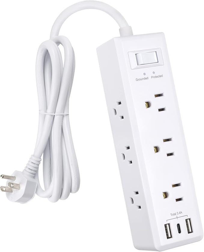 Clear Power 9-Outlet Surge Protector Power Strip with 3 USB Ports(1 USB-C), 5ft Power Cord, Flat Plug, Multi Outlets on 3 Sides, Desktop Charging Station, White, DC3S-1109-DC