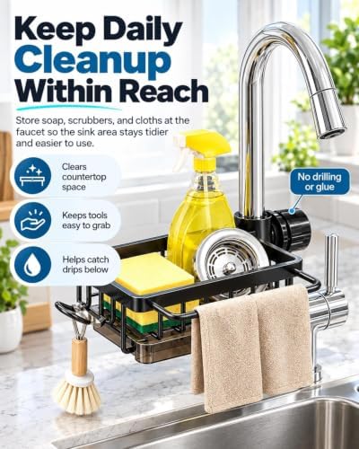 Sink Organizer Rack Hanging Faucet Sponge Holder with Drip Tray