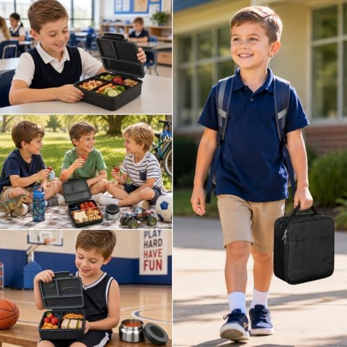 Bento Lunch Box for Kids with 8oz Soup Thermo&Lunch Bag, Leak-Proof Lunch Food Containers with 4 Compartment, Hot Food Insulated Food Jar for Kids School (Black)