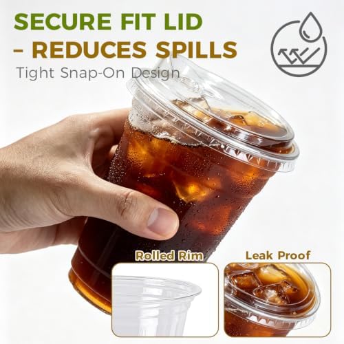 100 Pack 16 oz Clear Plastic Cups with Strawless Sip Lids