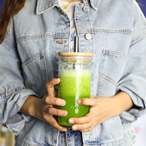 4 Pack Reusable Tea Cups, Glass Jars 24oz Wide Mouth Smoothie Cups with Bamboo Lids and Silver Straws, Drinking Glass Bubble Tea Cups for Iced Coffee Travel Bottle