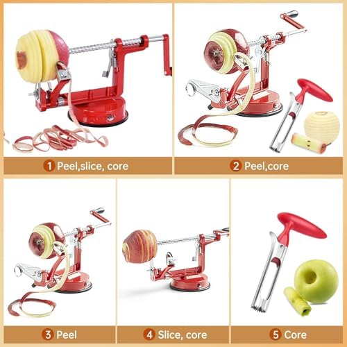 Apple Peeler Corer, 5 In 1 Apple Peeler Slicer Corer with Stainless Steel Blades and Powerful Suction Base for Apples and Potatoes(Ruby)
