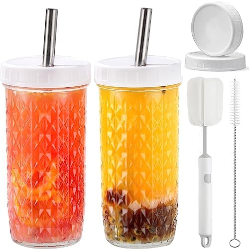 2 Pcs 24oz Glass Cups Set, Mason Jar Drinking Glasses with Lids and Straws & 2 Airtight Lids, Cute Reusable Smoothie cups, Iced Coffee Cups, Travel Tumbler for Bubble Tea, Juice, Gift