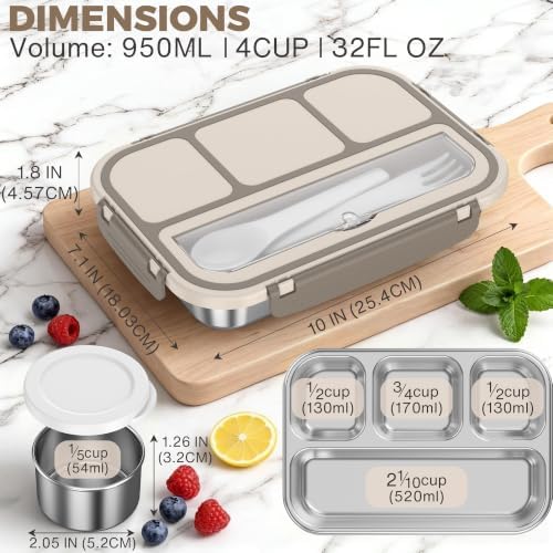 Stainless Steel Bento Box Adult, Leakproof Metal Lunch Box Containers 4 Compartments, 32 Oz Reusable Food Storage Containers for Office and Work, Brown