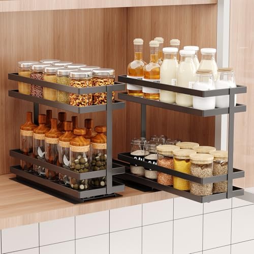 2 Pack Pull Out Spice Rack Organizer for Cabinet, 2 Tier Metal Slide Out Seasoning Organizer and Storage Heavy Duty Vertical Spice Rack Shelf Pullout for Kitchen Cabinets No Drilling (Black)