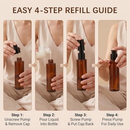 2 PCS 80/2.7oz Amber Glass Travel Bottles with Black Pump, Leakproof Lotion Dispenser for Essential Oil, Cream, Shampoo, Body Wash & Travel Toiletries - Image 5