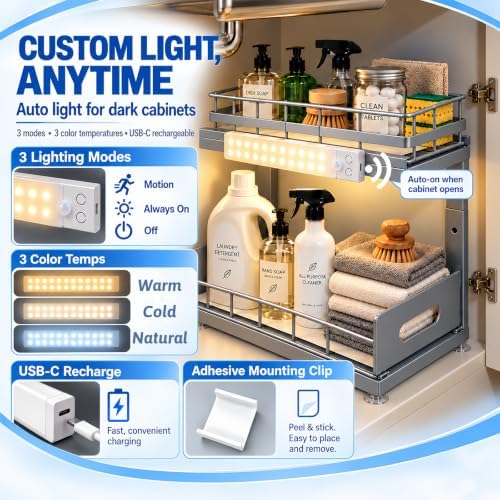 Under Sink Organizer with Motion Sensor LED, Pull-Out Home Organizers