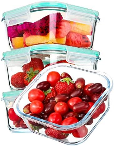Square Glass Containers with Lids for Food Storage, 28 oz, 4 Pack