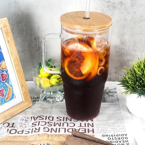 Glass Cups With Lids And Straws, Leakproof Tumbler Mason Jar Coffee Cup, Cap Cup Leak-Proof with Straw, Reusable Iced Coffee Smoothie Matcha Cup Aesthetic Coffee Gifts Women