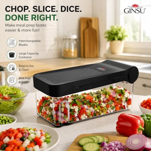 GINSU Plastic Pro Multifunctional Vegetable Chopper & Slicer – 11"x6"x4" Food Dicer, Cutter & Mandoline with 8 Interchangeable Blades for Chopping, Slicing, Dicing & Grating - Image 3