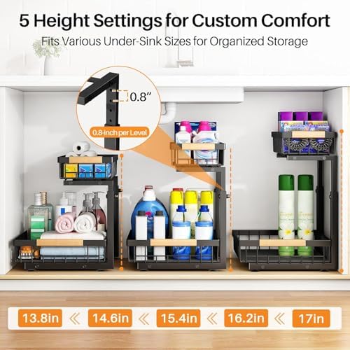 Under Sink Organizer, Adjustable Height, 2 Tier Pull Out Under Cabinet Organizer, Slide Out Thickened Metal Under Sink Storage for Kitchen Bathroom Laundry Pantry Cabinet, Black, Large-2-Pack