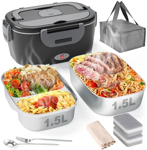 Electric Lunch Box for Men, Women & Adults - 80W Fast Heating - Heated Lunch Box with Dual 1.5L SS Containers - Portable Food Warmer for Car, Truck, Office
