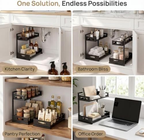 Under Sink Organizer, Adjustable Height 2 Tier Pull Out Cabinet Organizer