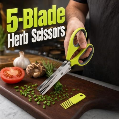 Multipurpose 5 Blade Herb Scissors with Cleaning Comb,Kitchen Herb Shears Herb Cutter with Cover and Cleaning Comb for Chopping Basil Chive Parsley Cool Kitchen Gadgets，Green-2pc