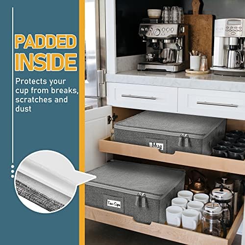 Cup and Mug Storage Container, Hard Shell, China Coffee Mug Storage Box for Moving, with Dividers & Handles, Holds 12 Tea Cups, Grey