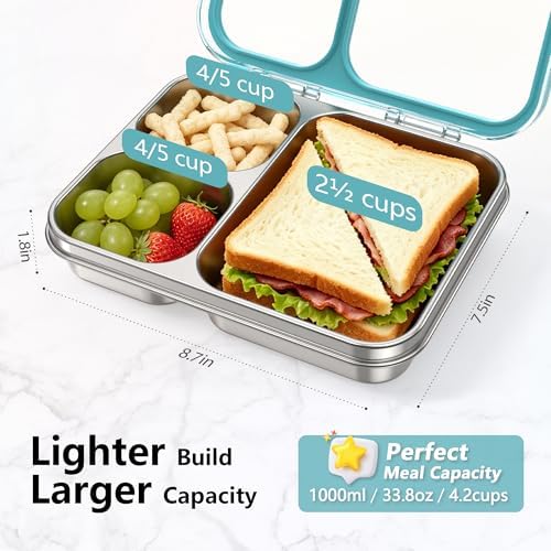 Stainless Steel Bento Lunch Box 3-Compartment, 4.2Cups, Blue