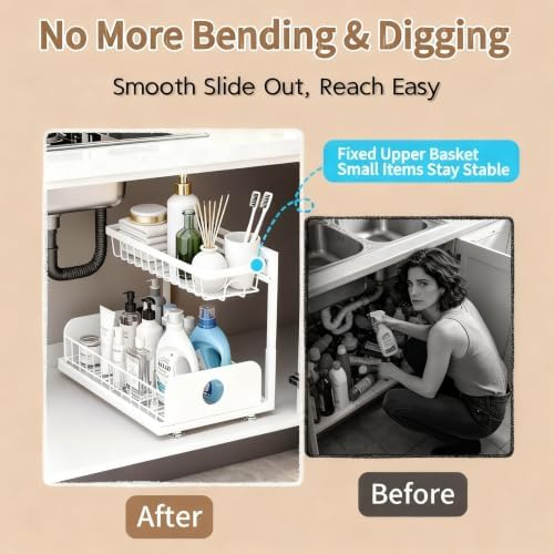 Under Sink Organizer, 1 Pack Under Kitchen Cabinet Organizer, Height Adjustable Pull Out Mute Slide-Out 2 Tier Metal Under Sink Storage for Bathroom, Pantry, Kitchen & Bedroom (White, 1 Pack)