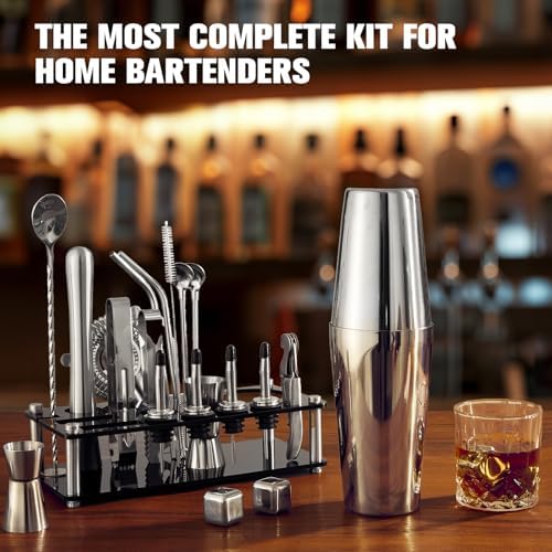 Cocktail Shaker Set, 23 Piece Bartender Kit with Stand Silver