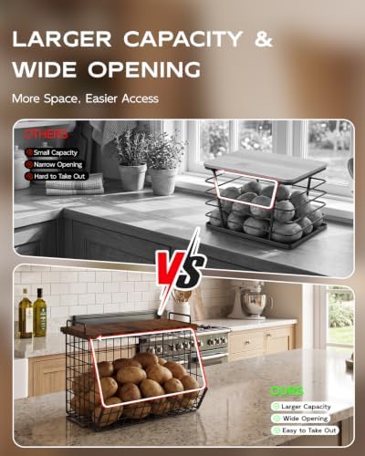 2 Pack Stackable Potato Storage Bins, Extra Large Pantry Organizer and Storage, Fruit Basket for Kitchen Counter, Potato and Onion Storage Bin with Wide Opening, Wall Mounted Vegetable Storage Basket
