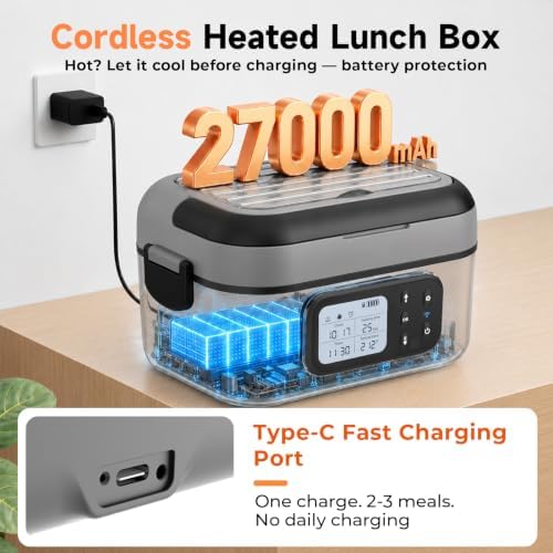 Cordless Electric Lunch Box for Adults with APP Control, 27000mAh Battery Powered, 1.5L Portable Timer & Leak-Proof Warmer, Smart for Men Work Travel Truck (Gray)