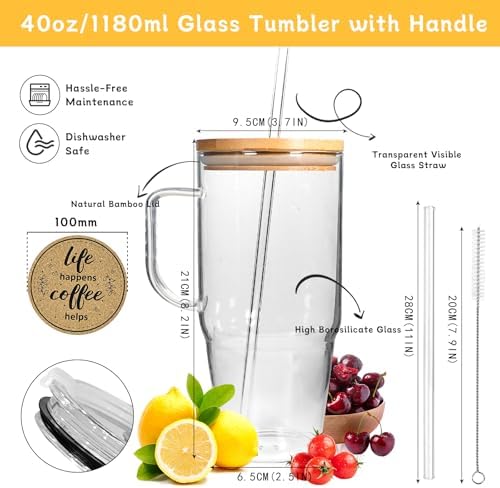 Glass Cups With Lids And Straws, Leakproof Tumbler Mason Jar Coffee Cup, Cap Cup Leak-Proof with Straw, Reusable Iced Coffee Smoothie Matcha Cup Aesthetic Coffee Gifts Women