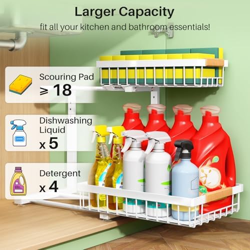 Under Sink Organizer, 2 Tier Under the Sink Storage, Slide out Pull out Cabinet Organizer Shelf, Metal Sliding Drawer for Kitchen Bathroom Pantry Closet Organization Rack, White, 2 Pack
