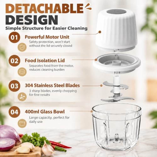 Electric Garlic Chopper 400ML, Cordless Mini Food Chopper Rechargeable