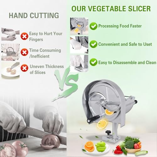 Hakka Commercial Vegetable Slicer Manual Fruit Slicer Potato Tomato Slicing Machine Onion Slicers Stainless Steel Vegetable Cutter for Potato Lemon Tomato Onion, 0.2-10mm Thickness Adjustable - Image 4