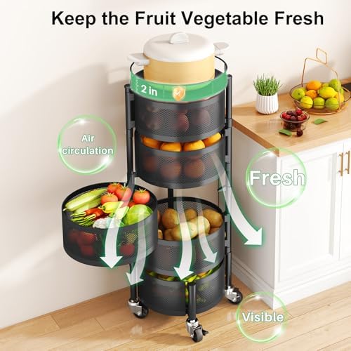 5 Tier Fruit Vegetable Basket Stand for Kitchen, Rotating, Black