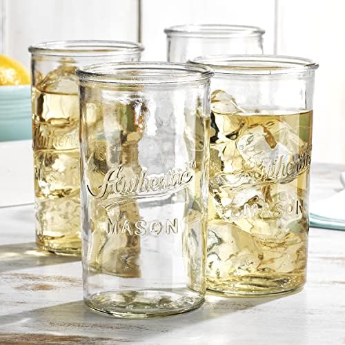 Drinking Glasses – Set of 4 Authentic Mason Vintage Glassware – Clear Glass Tumblers for Cocktails, Water, Juice – Embossed Vintage Drinking Glasses