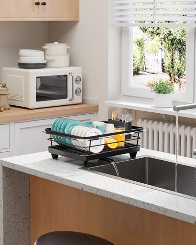 Extendable Dish Drying Rack Over Sink with Dish Drainer, Sink Organization and Storage Essentials with Silverware & Utensil Holder, Home and Apartment Decor, 12" W x 16.1~23" L, Black