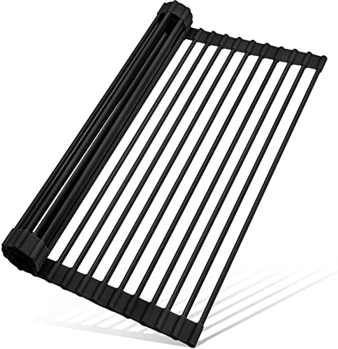 Roll Up Dish Drying Rack Silicone Wrapped Over The Sink Dish Drying Rack Multipurpose Foldable Sink Drying Mat Anti-Slip & Anti-Rust Dish Rack for Kitchen, 17.5" x 13", Black