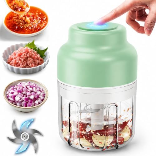 2026 Upgrade Electric Garlic Chopper Mini, 320 ml Small Garlic Chopper Mincer with 6 Stainless Steel Blades, Portable Rechargeable Cordless Chopper for Onion,Chili,Ginger,Nuts,Meat & Fruits (Green) by Unknown