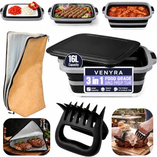 3pcs Barbecue Prep Tub, BBQ Blanket, Meat Shredder Claws | Collapsible 3 in 1 Cutting Board with Colander & Dish Basin, Insulated 21" Meat Resting Bag, Barbecue Grilling Accessories.