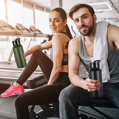 32 oz Insulated Water Bottle Bulk Stainless Steel Metal Water Bottles with Leak Proof Straw Lid & Spout Lid, Wide Mouth Double Walled Vacuum Travel Sports Bottle, 8 Pack