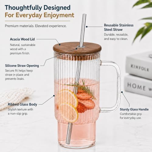 32oz Ribbed Glass Tumbler with Handle, Upgraded Acacia Wood Lid and Stainless Steel Straw, Clear Glass Cup for Iced Coffee, Matcha Latte, Smoothies, Tea, Hot & Cold Drinks