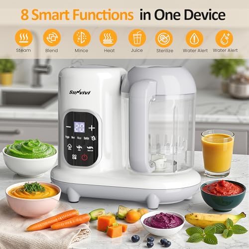 All-in-one Baby Food Maker: Baby Food Processor Blender Combo with Self Clean & LCD Display, Baby Food Puree Maker with Steam, Heating & Stirring, White Steamer Container Grinder