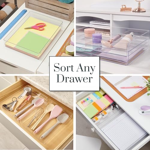 SimpleSort 2-Piece Stackable Clear Drawer Organizer Set | 15" x 6" x 2" Rectangle Trays | Wide Makeup Vanity Storage Bins and Office Desk Drawer Dividers | Made in USA