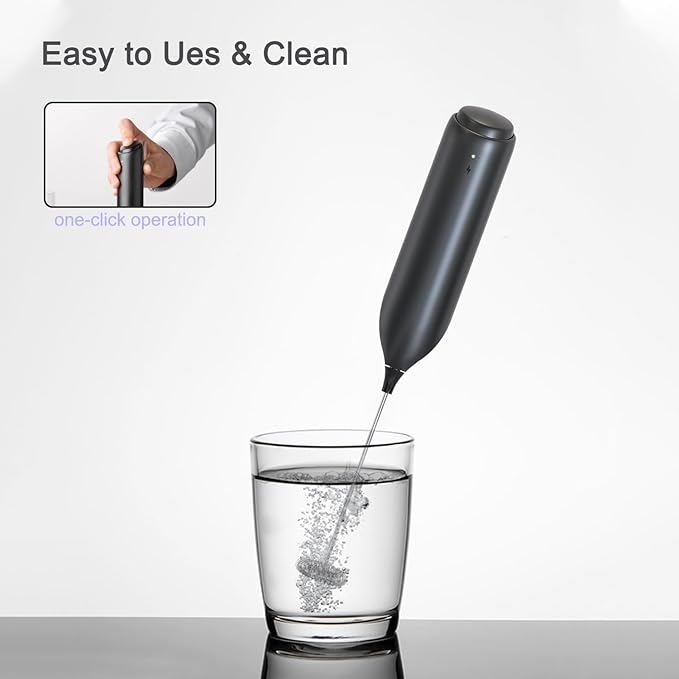 Rechargeable Coffee Frother by ELMWAY, Electric Milk Frother with Charging Stand & Wall Mount, Handheld Drink Mixer, Foam Maker for Coffee, Matcha - Black