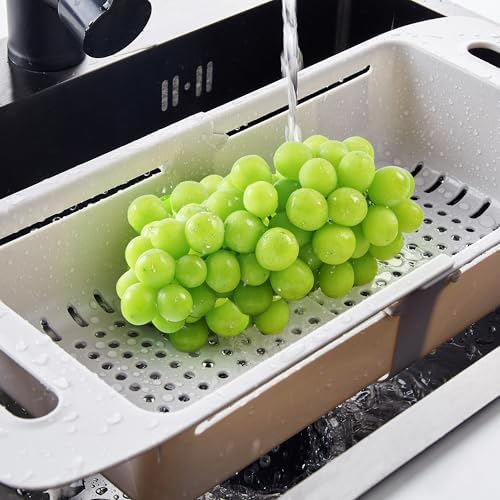 Expandable Over the Sink Colander Strainer Basket, Kitchen Strainers and Colanders for Washing Vegetables and Fruits, Draining Cooked Pasta, Drying Dishes, Gray