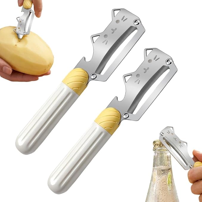 Multifunctional Vegetable Peeler, 2 in 1 Stainless Steel Peeler, Ultra-Sharp Stainless Steel Blade with Wooden Handle and Bottle Opener for Vegetables or Fruits, Kitchen Tool (Cute*2)