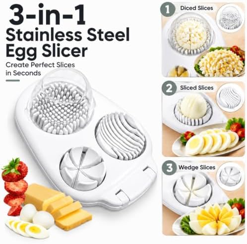 3-in-1 Stainless Steel Egg Slicer, Heavy Duty Multi-Function Kitchen Slicing Tool, Easy and Even Slicing for Hard Boiled Eggs, Fruits and Vegetables (White) - Image 2