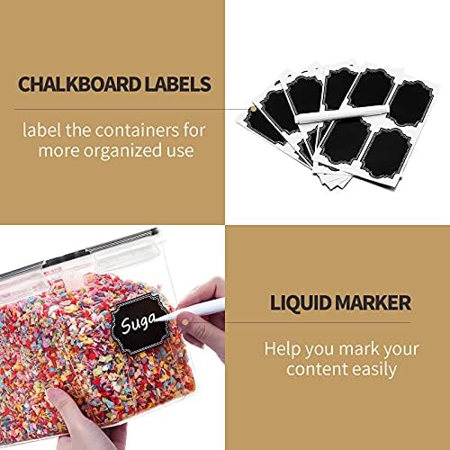 Airtight Food Storage Containers Cereal & Dry Food Storage Container Set of 6(Black Lid), Leak-proof & BPA Free, With 1 Measuring Cup & 20 Chalkboard Labels & 1 Chalk Marker