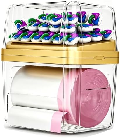 2-in-1 Trash Bag Dispenser & Laundry/Dishwasher Pods Container, Clear Acrylic Garbage Bag Holder with Removable Lids, Under Sink Organizer Kitchen Pantry Storage Box