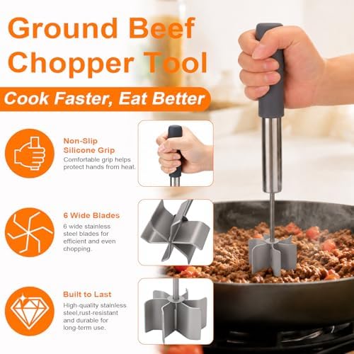 Stainless Steel Meat Chopper with 6 Wide Blades, Heavy Duty Ground Beef Masher & Meat Smasher Tool, Heat Resistant Silicone Handle Hamburger Smasher for Cast Iron & Metal Pans