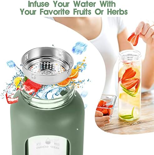 32 oz Glass Water Bottle with Straw - Motivational Time Marker & Silicone Sleeve - Reusable Tumbler Includes 2 Bamboo Lids & Fruit Infuser - 1 Pack